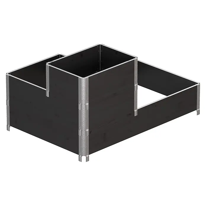 Upyard Hochbeet 3 Ebenen - 120 x 80 x 58,5 cm, Holz, Schwarz, Fassungsvermögen: 301,8 l - Dunkelgraues modulares Hochbeet mit silbernen Metallecken.