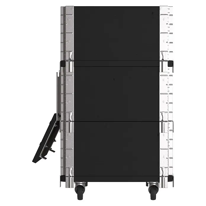 Upyard Kräuterkasten Advanced - 60 x 40 x 68 cm, Stahl, Schwarz - Schwarzes stapelbares Rollregal mit silbernem Metallrahmen und einer teilweise geöffneten Seitenklappe.