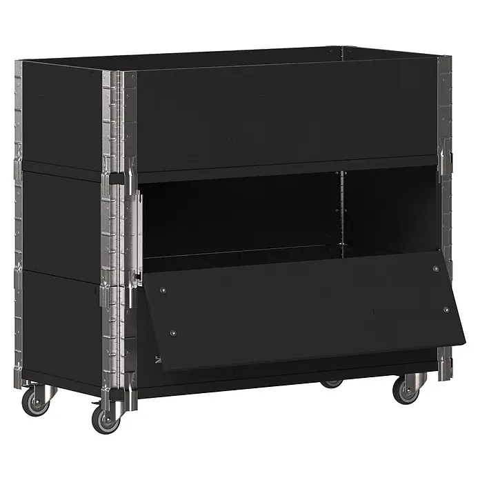 Upyard Kräuterkasten Advanced - 80 x 40 x 68 cm, Stahl, Schwarz - Schwarzer mobiler Lagerschrank mit silbernen Metallverkleidungen, untere Tür offen.