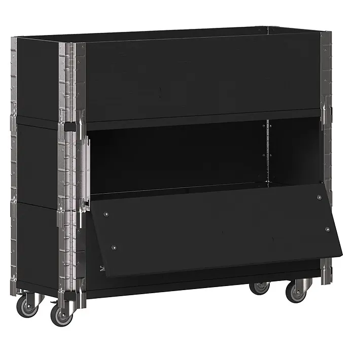 Upyard Kräuterkasten Advanced - 80 x 30 x 68 cm, Stahl, Schwarz - Schwarzer Rollschrank in Holzoptik mit silbernen Metallbeschlägen und offenem Klappfach.