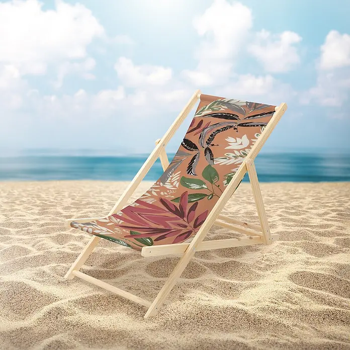 ECD Germany Strandstuhl 10er Set Sonnenliege mit 3-Fach verstellbarer Rückenlehne Relaxliege - 10 Stk., Holz, Polyester, Klappbar, Braun, Rot, Grün - Liegestuhl aus Holz mit Blumenmuster am Sandstrand.