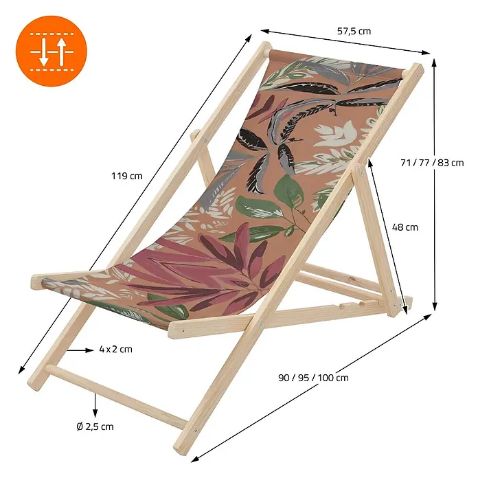 ECD Germany Strandstuhl 10er Set Sonnenliege mit 3-Fach verstellbarer Rückenlehne Relaxliege - 10 Stk., Holz, Polyester, Klappbar, Braun, Rot, Grün - Verstellbarer Holzliegestuhl mit Stoffbezug im tropischen Blättermuster.