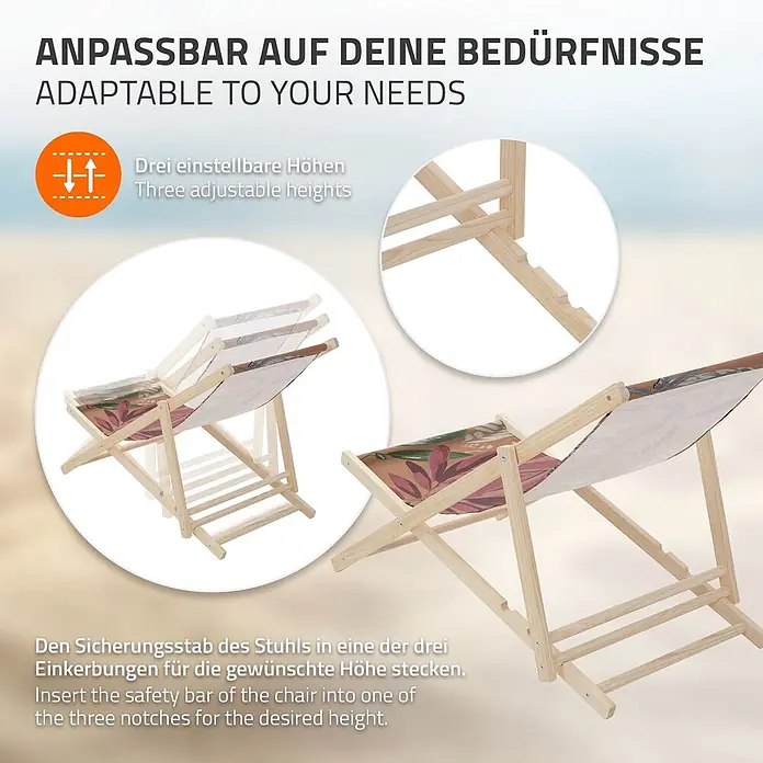 ECD Germany Strandstuhl 10er Set Sonnenliege mit 3-Fach verstellbarer Rückenlehne Relaxliege - 10 Stk., Holz, Polyester, Klappbar, Braun, Rot, Grün - Hölzerner Liegestuhl mit gemustertem Stoff, der die drei einstellbaren Höhen zeigt.