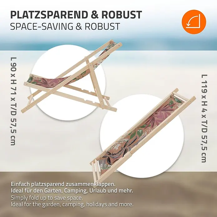 ECD Germany Strandstuhl 10er Set Sonnenliege mit 3-Fach verstellbarer Rückenlehne Relaxliege - 10 Stk., Holz, Polyester, Klappbar, Braun, Rot, Grün - Ein Holzliegestuhl mit blattgemusterter Stoffbespannung, offen und platzsparend zusammengeklappt dargestellt.