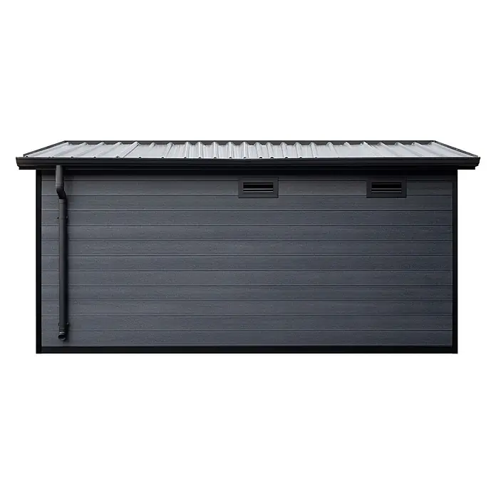 Fjordholz Gartenhaus Style DeLuxe 2-Raum 12,24 m² - Außenmaß inkl. Dachüberstand (B x T): 448 x 325 cm, Aluminium, Anthrazit/grau - Dunkelgrauer Geräteschuppen mit Bretterverkleidung, Wellblechdach und schwarzem Fallrohr.