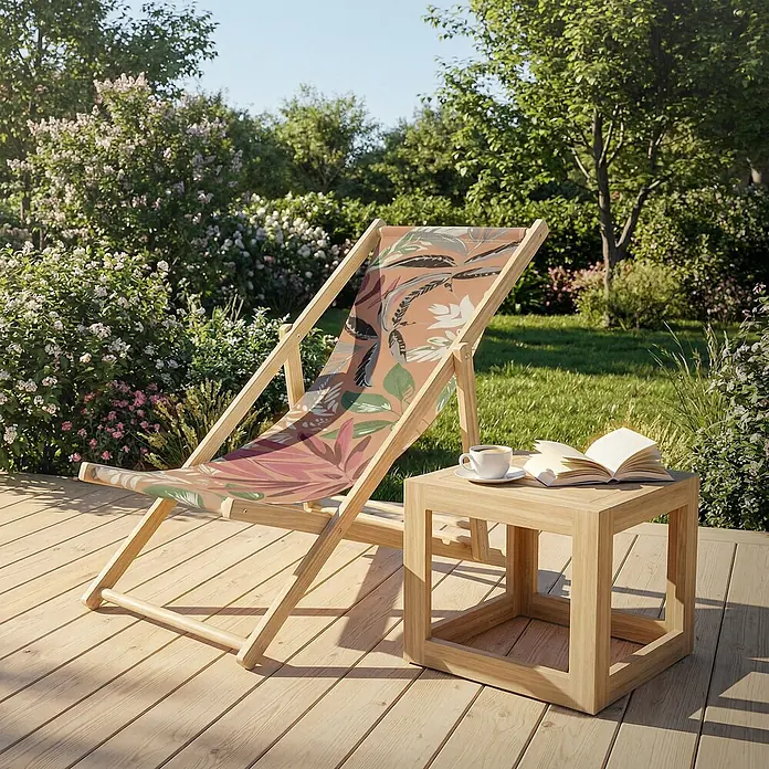 ECD Germany Strandstuhl 10er Set Sonnenliege mit 3-Fach verstellbarer Rückenlehne Relaxliege - 10 Stk., Holz, Polyester, Klappbar, Braun, Rot, Grün - Hölzerner Liegestuhl mit tropisch gemustertem Stoffbezug und Beistelltisch mit Buch und Kaffee auf einer sonnigen Gartenterrasse.