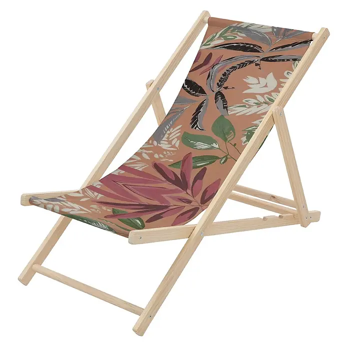 ECD Germany Strandstuhl Sonnenliege mit 3-Fach verstellbarer Rückenlehne Relaxliege bis 120kg - 1 Stk., Holz, Polyester, Klappbar, Braun, Rot, Grün - Klappbarer Liegestuhl mit hellem Holzrahmen und Stoffbezug mit tropischem Blattmuster in Braun, Grün und Pink.