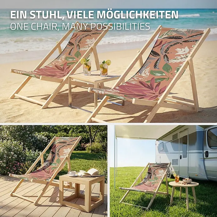 ECD Germany Strandstuhl 10er Set Sonnenliege mit 3-Fach verstellbarer Rückenlehne Relaxliege - 10 Stk., Holz, Polyester, Klappbar, Braun, Rot, Grün - Klappstuhl aus Holz mit Tropenmuster, vielseitig einsetzbar am Strand, im Garten und beim Camping.