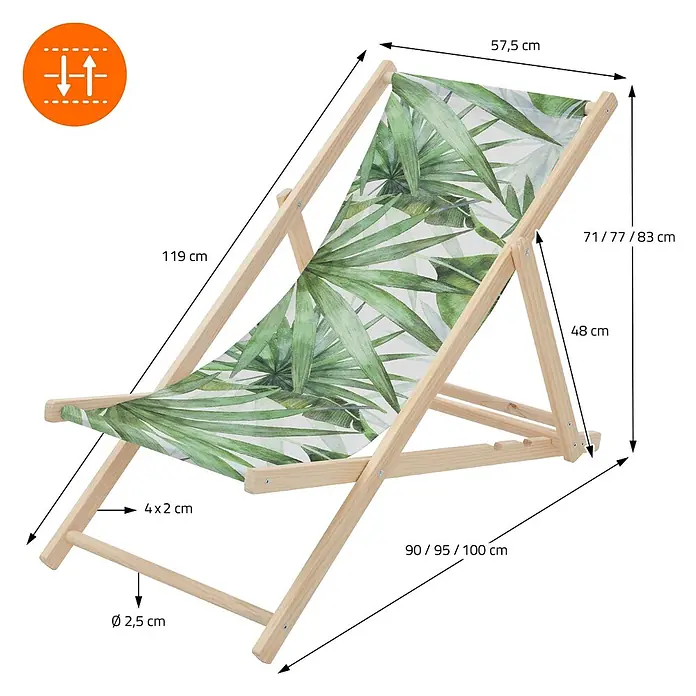 ECD Germany Strandstuhl Sonnenliege mit 3-Fach verstellbarer Rückenlehne Relaxliege bis 120kg - 1 Stk., Holz, Polyester, Klappbar, Grün, Weiß - Verstellbarer Holz-Liegestuhl mit grünem tropischen Blattmuster und Maßen.