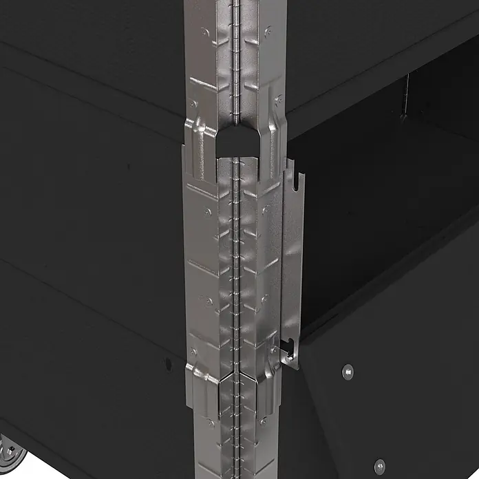 Upyard Kräuterkasten Advanced - 80 x 40 x 68 cm, Stahl, Schwarz - Dunkelgraue Holzstrukturplatte, verbunden durch ein silbernes Metallscharniersystem mit sichtbaren Befestigungen.