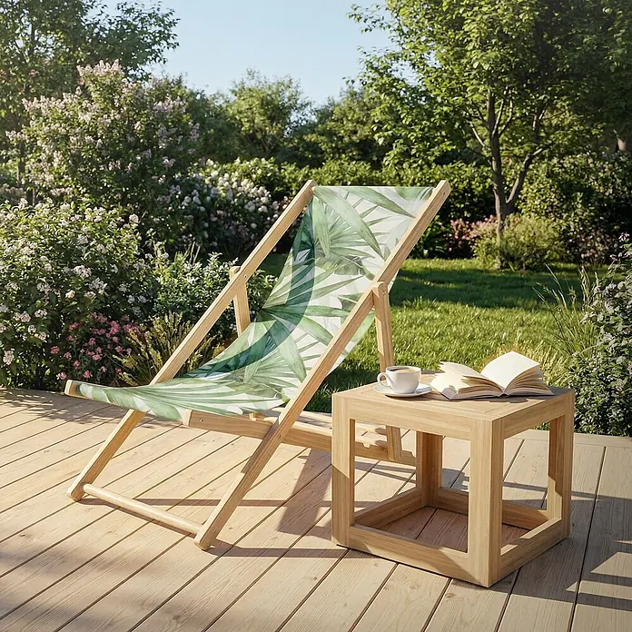 ECD Germany Strandstuhl Sonnenliege mit 3-Fach verstellbarer Rückenlehne Relaxliege bis 120kg - 1 Stk., Holz, Polyester, Klappbar, Grün, Weiß - Hölzerner Liegestuhl mit tropischem Blättermuster und passendem Holztisch auf einer Terrasse im Garten.