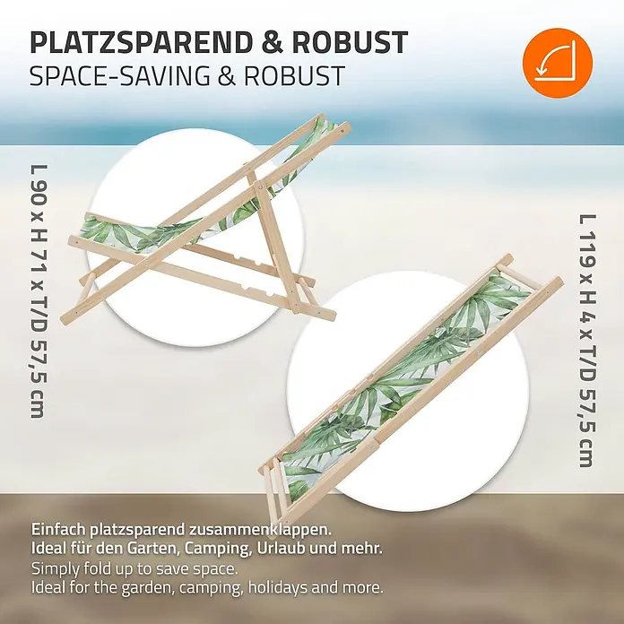 ECD Germany Strandstuhl Sonnenliege mit 3-Fach verstellbarer Rückenlehne Relaxliege bis 120kg - 1 Stk., Holz, Polyester, Klappbar, Grün, Weiß - Ein platzsparender, robuster Liegestuhl aus Holz mit grünem Blättermuster, zusammenklappbar.