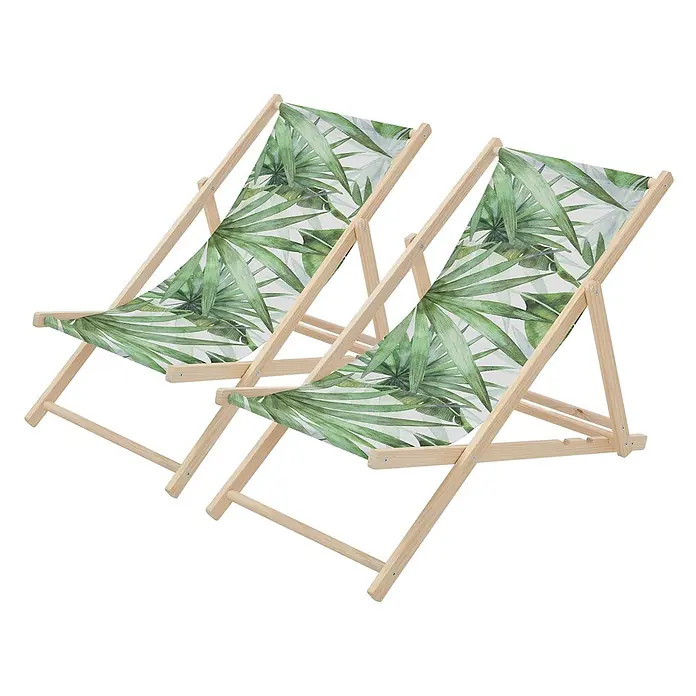 ECD Germany Strandstuhl 2er Set Sonnenliege mit 3-Fach verstellbarer Rückenlehne Relaxliege - 2 Stk., Holz, Polyester, Klappbar, Grün, Weiß - Zwei hölzerne Liegestühle mit tropischem grünem Palmenblattmuster.