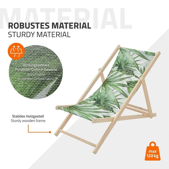ECD Germany Strandstuhl Sonnenliege mit 3-Fach verstellbarer Rückenlehne Relaxliege bis 120kg - 1 Stk., Holz, Polyester, Klappbar, Grün, Weiß - Liegestuhl mit stabilem Holzgestell und atmungsaktivem grünem Polyester Oxford-Gewebe mit Palmenmuster, max. 120 kg.