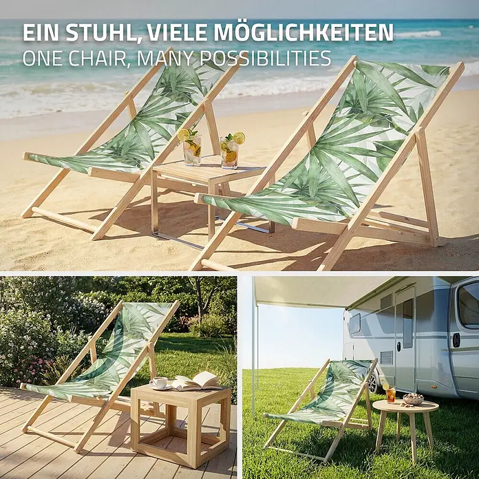 ECD Germany Strandstuhl Sonnenliege mit 3-Fach verstellbarer Rückenlehne Relaxliege bis 120kg - 1 Stk., Holz, Polyester, Klappbar, Grün, Weiß - Klappbarer Holz-Liegestuhl mit grünem Palmenblattmuster, vielseitig einsetzbar am Strand, im Garten und beim Camping.