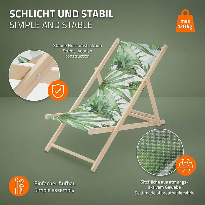 ECD Germany Strandstuhl Sonnenliege mit 3-Fach verstellbarer Rückenlehne Relaxliege bis 120kg - 1 Stk., Holz, Polyester, Klappbar, Grün, Weiß - Klappbarer Holzliegestuhl mit tropischem Grünblattmuster und atmungsaktivem Sitz. Max. 120 kg.