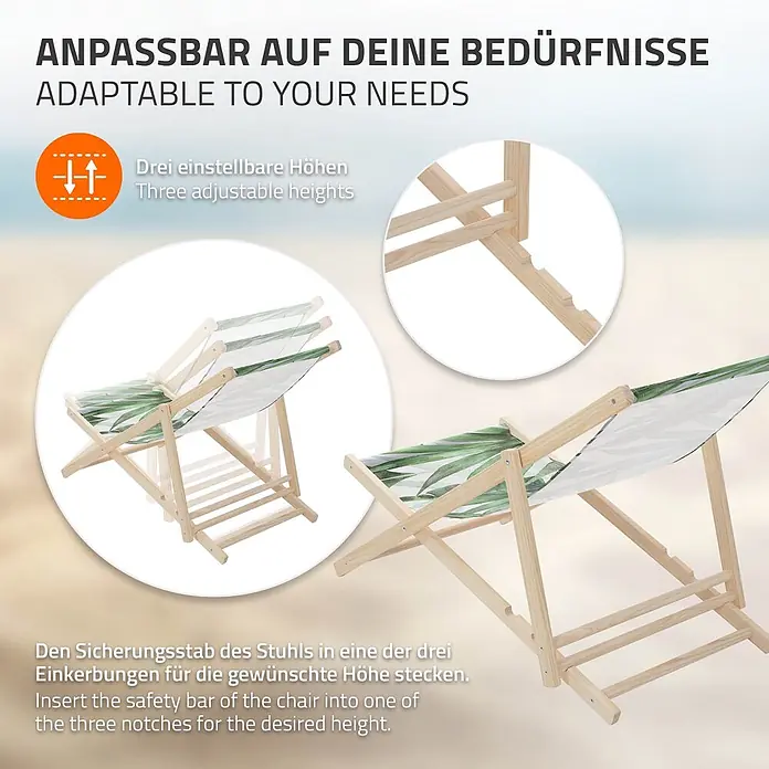 ECD Germany Strandstuhl Sonnenliege mit 3-Fach verstellbarer Rückenlehne Relaxliege bis 120kg - 1 Stk., Holz, Polyester, Klappbar, Grün, Weiß - Strandliege aus Holz mit weißem Stoff und grünem Blattmuster, mit verstellbarer Rückenlehne in drei Höhen.