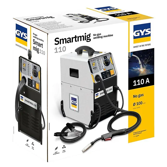 Gys Fülldrahtschweißgerät SMARTMIG 110 - Schweißstrom: 40 A - 110 A, 230 V - GYS Smartmig 110 Gasloses Schweißgerät in weißer und gelber Verpackung, zeigt das kompakte 110 A Gerät und seine Merkmale.