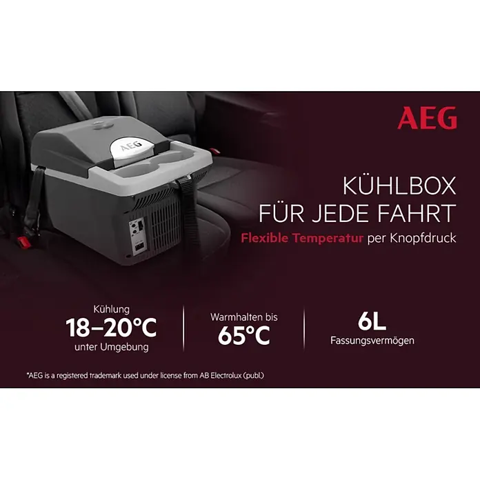 AEG Kühlbox BK6 - Fassungsvermögen: 6 l, 2 Getränkehalter, Schwarz - Grau-weiße AEG Kühl-/Warmhaltebox im Autositz, 6L Fassungsvermögen, zum Kühlen und Warmhalten.