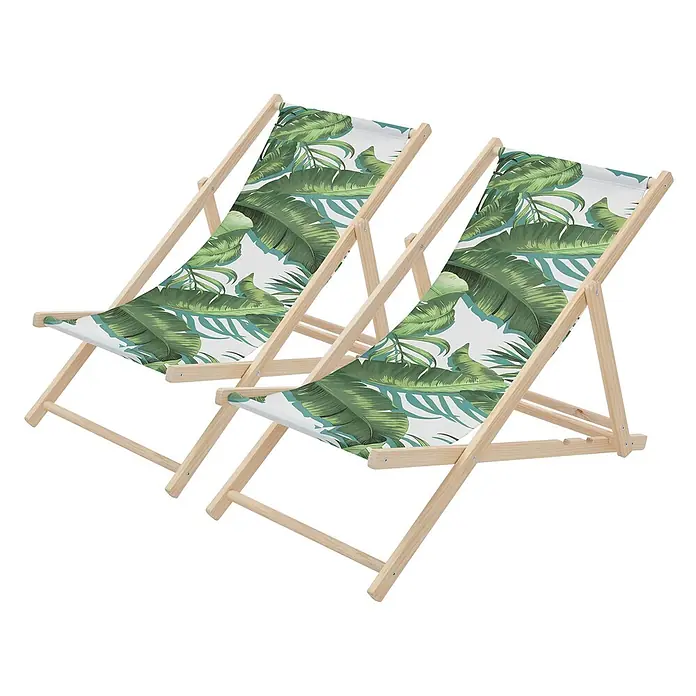 ECD Germany Strandstuhl 2er Set Sonnenliege mit 3-Fach verstellbarer Rückenlehne Relaxliege - 2 Stk., Holz, Polyester, Klappbar, Dunkelgrün, Weiß - Zwei klappbare Holzliegestühle mit grünem Tropenblattmusterstoff.