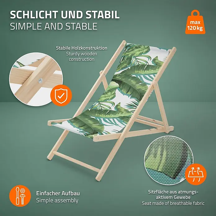 ECD Germany Strandstuhl 10er Set Sonnenliege mit 3-Fach verstellbarer Rückenlehne Relaxliege - 10 Stk., Holz, Polyester, Klappbar, Dunkelgrün, Weiß - Stabiler Liegestuhl aus Holz mit weiß-grünem tropischen Blättermuster, atmungsaktivem Stoffbezug, max. 120 kg.