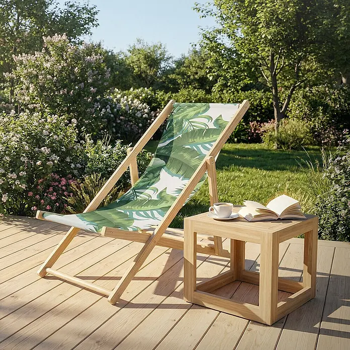 ECD Germany Strandstuhl 10er Set Sonnenliege mit 3-Fach verstellbarer Rückenlehne Relaxliege - 10 Stk., Holz, Polyester, Klappbar, Dunkelgrün, Weiß - Holzliegestuhl mit tropischem Blattmusterstoff, daneben passender Holztisch mit Buch und Kaffee auf sonniger Holzterrasse.