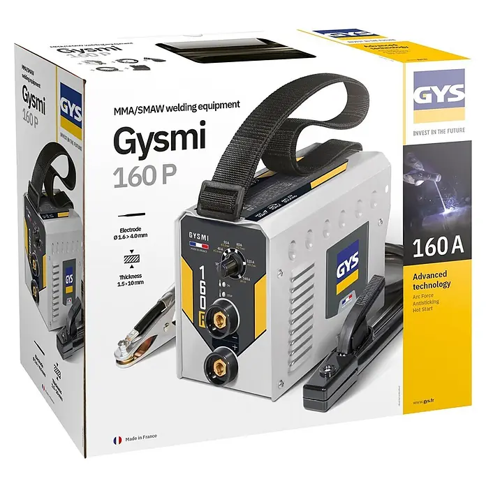 Gys Elektrodenschweißgerät GYSMI 160P - Schweißstrom: 10 A - 160 A, 230 V - Gysmi 160P MMA/SMAW Schweißgerät in weiß-grauer Verpackung. Zeigt 160A Leistung und fortschrittliche Technologie.