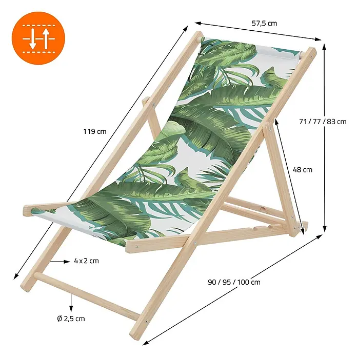 ECD Germany Strandstuhl 10er Set Sonnenliege mit 3-Fach verstellbarer Rückenlehne Relaxliege - 10 Stk., Holz, Polyester, Klappbar, Dunkelgrün, Weiß - Verstellbarer Holzliegestuhl mit tropischem Blättermuster. Maße angegeben.
