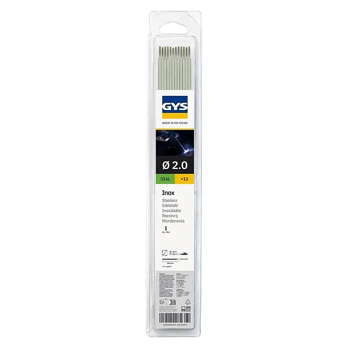 Gys Edelstahl-Elektrode 316 L - Durchmesser: 2 mm, 12 Stk. - GYS Edelstahlelektroden 316L, 2,0 mm Durchmesser, 12 Stück, in transparenter Verpackung.
