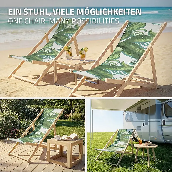 ECD Germany Strandstuhl 10er Set Sonnenliege mit 3-Fach verstellbarer Rückenlehne Relaxliege - 10 Stk., Holz, Polyester, Klappbar, Dunkelgrün, Weiß - Verstellbarer Holz-Liegestuhl mit Blättermuster, vielseitig einsetzbar am Strand, im Garten oder beim Camping.