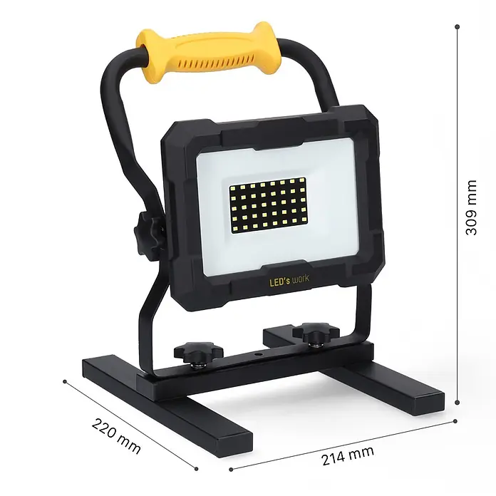 LED's work LED-Strahler für 18 V Akkus - 2.000 lm, 5.000 K, L x B x H: 214 x 220 x 309 mm, IP20 - Schwarzer LED-Arbeitsscheinwerfer mit gelbem Griff und verstellbarem Standfuß, 309x220x214 mm.
