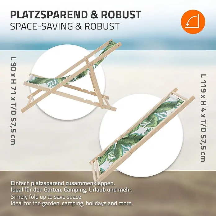 ECD Germany Strandstuhl 10er Set Sonnenliege mit 3-Fach verstellbarer Rückenlehne Relaxliege - 10 Stk., Holz, Polyester, Klappbar, Dunkelgrün, Weiß - Hölzerner Liegestuhl mit grünem Blättermuster, abgebildet sowohl ausgeklappt als auch zusammengeklappt zur platzsparenden Aufbewahrung.