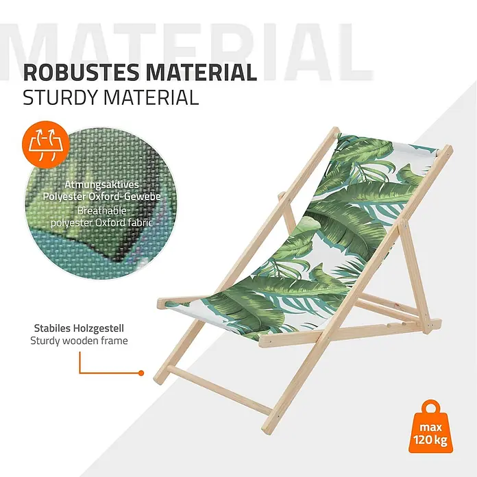 ECD Germany Strandstuhl 10er Set Sonnenliege mit 3-Fach verstellbarer Rückenlehne Relaxliege - 10 Stk., Holz, Polyester, Klappbar, Dunkelgrün, Weiß - Klappbarer Liegestuhl mit Holzgestell und tropischem Blättermuster-Stoff.