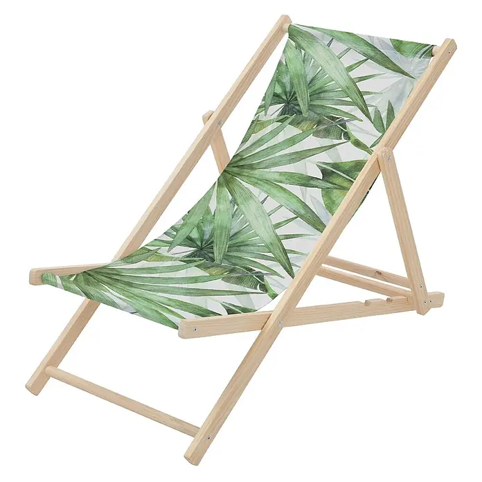 ECD Germany Strandstuhl Sonnenliege mit 3-Fach verstellbarer Rückenlehne Relaxliege bis 120kg - 1 Stk., Holz, Polyester, Klappbar, Grün, Weiß - Holzliegestuhl mit grünem tropischem Blattmuster-Stoffsitz.