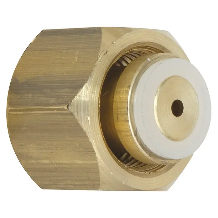 Gys Druckminderer -  - Messingfitting mit sechseckigem Körper und weiß umrandeter Düsenspitze mit zentraler Öffnung.