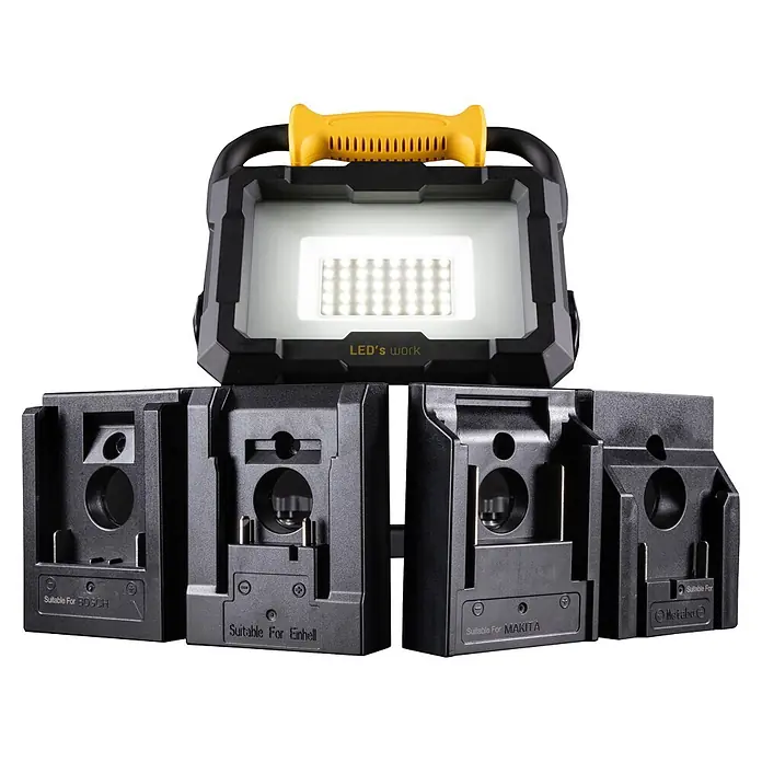 LED's work LED-Strahler für 18 V Akkus - 2.000 lm, 5.000 K, L x B x H: 214 x 220 x 309 mm, IP20 - Schwarze und gelbe LED-Arbeitsleuchte mit mehreren austauschbaren schwarzen Akku-Adaptern für Marken wie Bosch, Einhell, Makita, Metabo.
