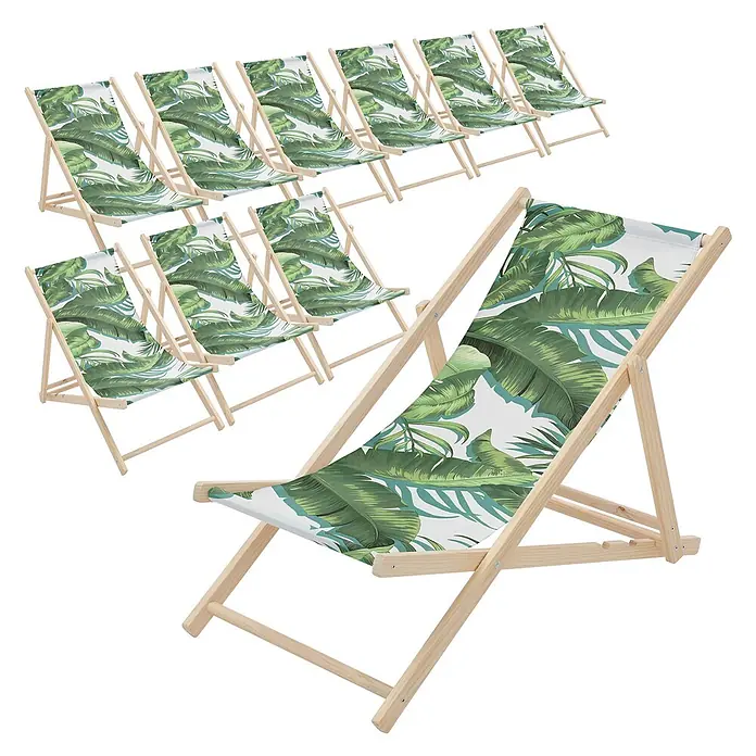 ECD Germany Strandstuhl 10er Set Sonnenliege mit 3-Fach verstellbarer Rückenlehne Relaxliege - 10 Stk., Holz, Polyester, Klappbar, Dunkelgrün, Weiß - Set hölzerner Liegestühle mit grünem Tropenblattmuster-Stoff.