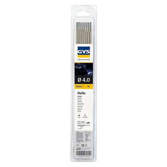 Gys Rutile Stahl-Elektrode - Durchmesser: 4 mm, 8 Stk. - GYS Rutil E6013 Schweißelektroden, 4,0 mm Durchmesser, 8 Stück in klarer Verpackung.