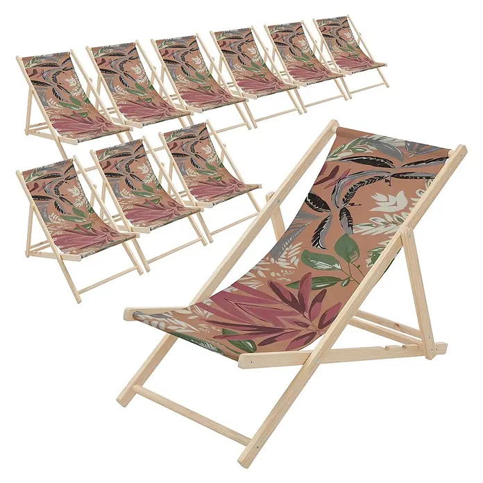 ECD Germany Strandstuhl 10er Set Sonnenliege mit 3-Fach verstellbarer Rückenlehne Relaxliege - 10 Stk., Holz, Polyester, Klappbar, Braun, Rot, Grün - Set von Holz-Liegestühlen mit tropischem Blättermuster in Braun, Rosa, Grün und Grau.