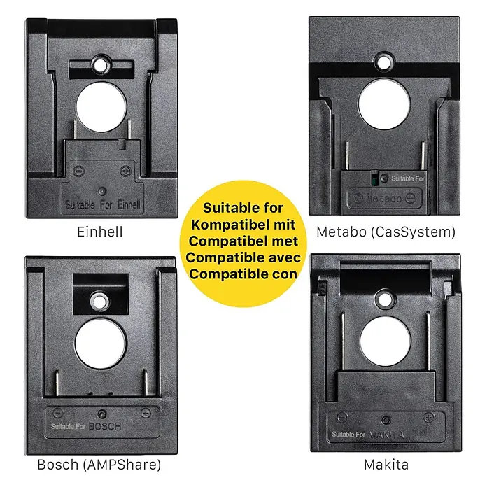 LED's work LED-Strahler für 18 V Akkus - 2.000 lm, 5.000 K, L x B x H: 214 x 220 x 309 mm, IP20 - Vier schwarze Kunststoff-Akkuadapter für Einhell, Metabo (CasSystem), Bosch (AMPShare) und Makita Werkzeuge.