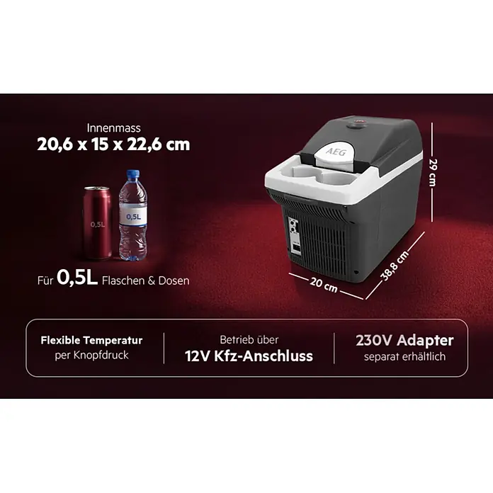 AEG Kühlbox BK6 - Fassungsvermögen: 6 l, 2 Getränkehalter, Schwarz - AEG Kühlbox in Schwarz-Weiß, zeigt Maße und Kapazität für 0,5L Flaschen/Dosen, 12V-Anschluss und flexible Temperaturregelung.