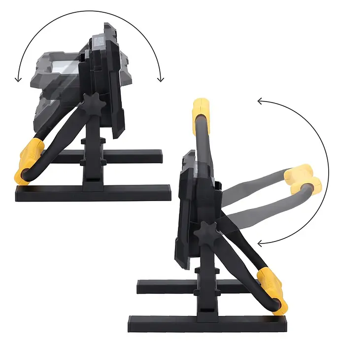 LED's work LED-Strahler für 18 V Akkus - 2.000 lm, 5.000 K, L x B x H: 214 x 220 x 309 mm, IP20 - Schwarze und gelbe Arbeitsleuchte mit verstellbarem Ständer, demonstriert 180-Grad-Vertikal- und Horizontalrotation.