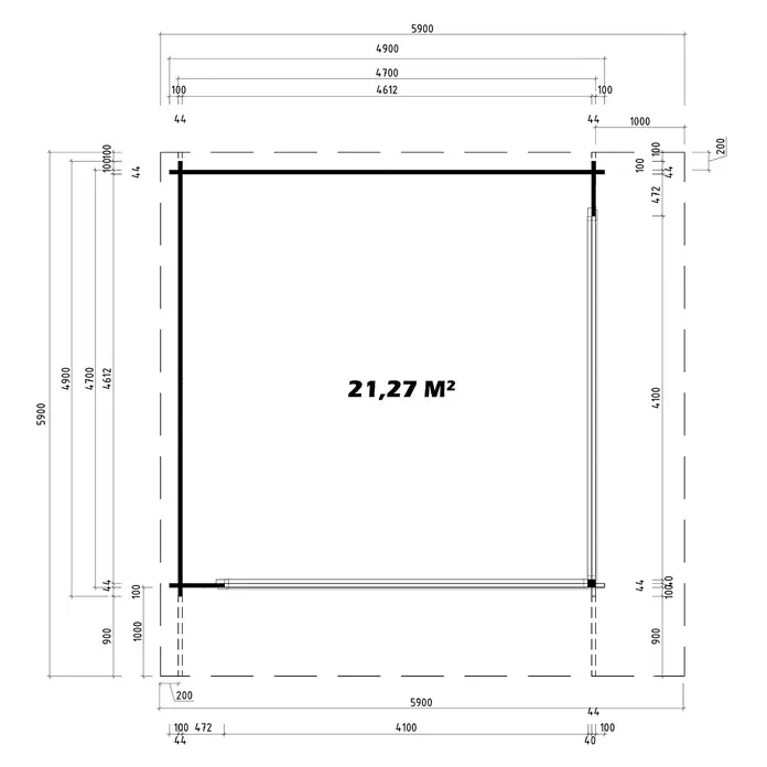 Fjordholz Gartenhaus Office IsoSlide 10 - Außenmaß inkl. Dachüberstand (B x T): 590 x 590 cm, Holz, Naturbelassen - Bauplan eines rechteckigen Gebäudes mit Außen- und Innenmaßen und einer Gesamtfläche von 21,27 Quadratmetern.