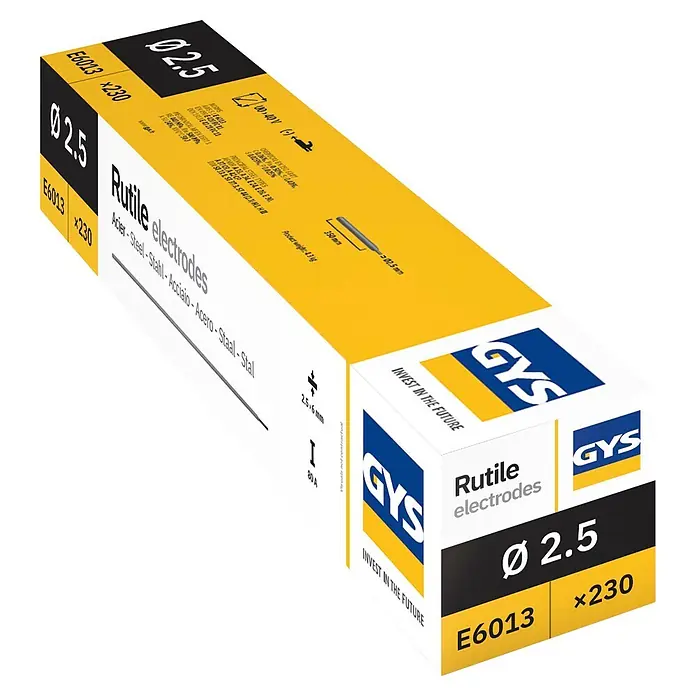 Gys Rutile Stahl-Elektrode - Durchmesser: 2,5 mm, 230 Stk. - GYS Schachtel mit Rutil E6013 Schweißelektroden, 2,5mm Durchmesser. Gelb-schwarze Verpackung für 230 Stück.