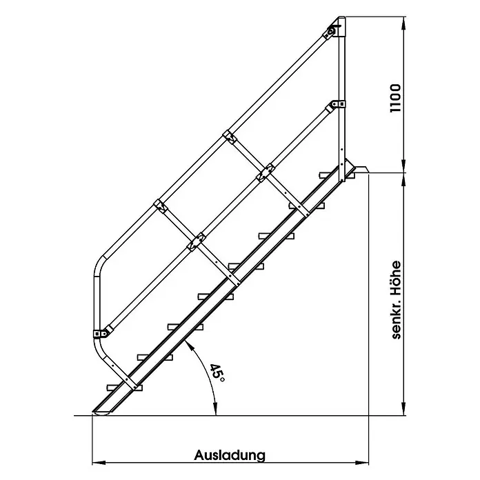 Munk Außentreppe Treppe 45° inkl. einen Handlauf, 800mm Stufenbreite, 7 Stufen -  - Technische Zeichnung einer industriellen Zugangstreppe mit Handlauf, 45-Grad-Winkel, inklusive Höhen- und Tiefenmaßen.