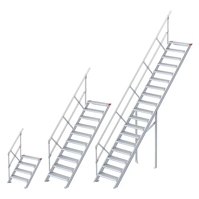 Euroline Außentreppe 510 Treppe 45° 1000mm Stufenbreite 15 Stufen Stahl Gitterrost - Anzahl Steigungen: 15 Stk. - Drei moduläre Aluminium-Gerüsttreppen mit Geländer in verschiedenen Längen, silbergrau.