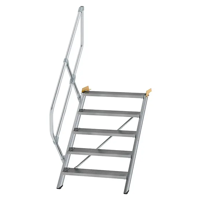 Munk Außentreppe Treppe 45° inkl. einen Handlauf, 800mm Stufenbreite, 5 Stufen -  - Silberne Aluminium-Zugangstreppe mit fünf Stufen und Handlauf, gelben oberen Halterungen und schwarzen Füßen.