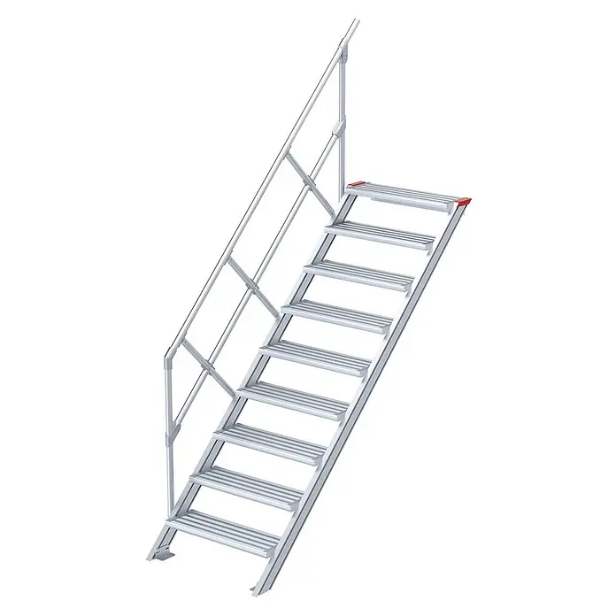 Euroline Außentreppe 510 Treppe 45° 600mm Stufenbreite 9 Stufen Alu gerieft - 60 cm - Silberne Aluminiumtreppe mit integriertem Geländer und rutschfesten Stufen, oben mit roten Akzenten.