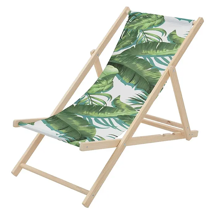 ECD Germany Strandstuhl Sonnenliege mit 3-Fach verstellbarer Rückenlehne Relaxliege bis 120kg - 1 Stk., Holz, Polyester, Klappbar, Dunkelgrün, Weiß - Verstellbarer Holzliegestuhl mit weißem Stoffbezug und grünem Tropenblattmuster.