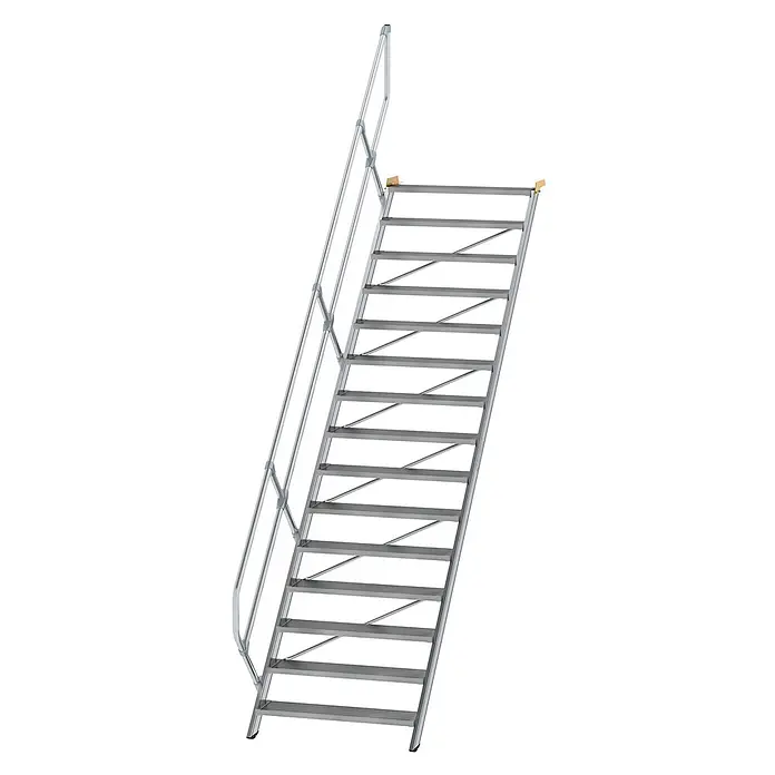 Munk Außentreppe Treppe 45° inkl. einen Handlauf, 1000mm Stufenbreite, 15 Stufen -  - Silberne Metall-Zugangstreppe mit Handlauf.
